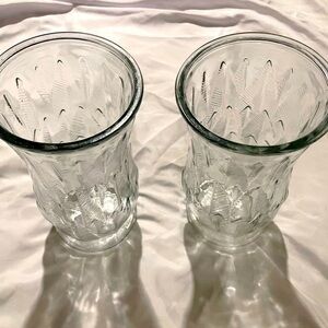 Vintage E.O Brody Co. Twin Set Clear Glass Feather Pattern Vases